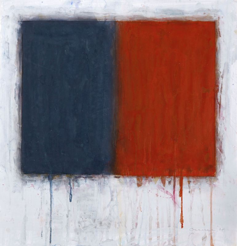 Bernd Berner (1930-2002): Flächenraum geteilt (blau-rot), 1998, Mischtechnik auf Malkarton 36 x 35 cm