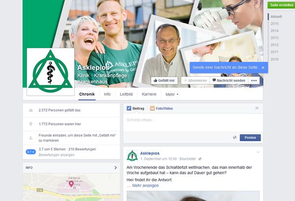 Screenshot der Facebook-Seite der Asklepioskliniken