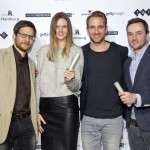 Der traurige Opa brachte ihnen Glück - Die Gewinner des besten Werbefilms beim Deutschen Werbefilmpreis 2016: Christian Möhler, Annika Burchert, Jens Pfau (alle Jung von Matt), Produzent Justin Mundhenke (tempomedia)