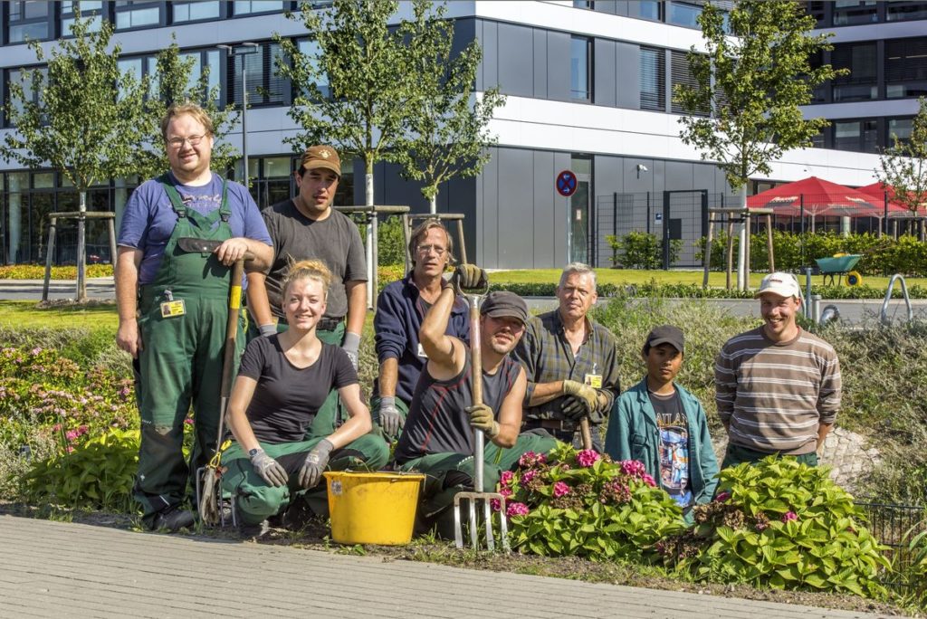 Voller Einsatz: Die Mitarbeiter der Elbe-Werkstätten bei ihrer Arbeit auf dem Tesa Campus 