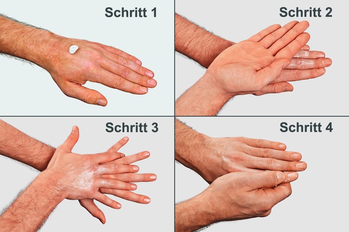 Systematisches Eincremen der Hände in vier Schritten