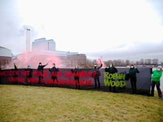 ROBIN WOOD-Bannerprotest gegen das Vorhaben, Holz aus Namibia im Kraftwerk Tiefstack in Hamburg zu verfeuern, Hamburg 28.02.21 (Foto: ROBIN WOOD / Mirko Boll)