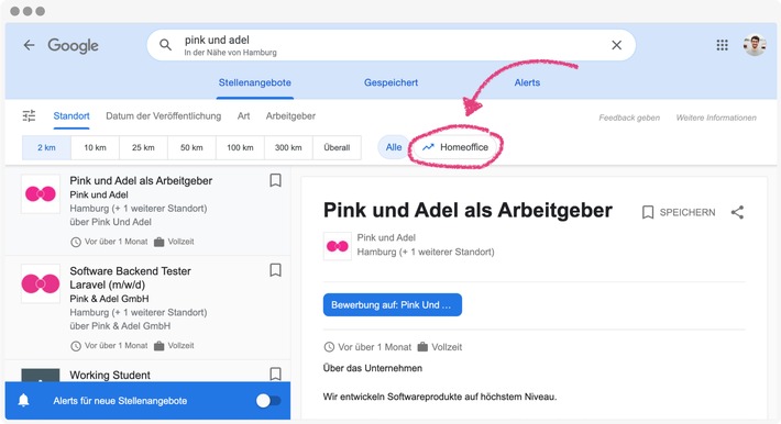 Suche nach Stellen im Homeoffice bei Google for Jobs