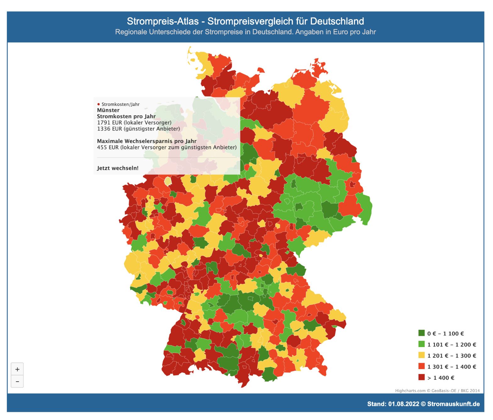 Strompreis-Atlas zeigt regionale Preisunterschiede an