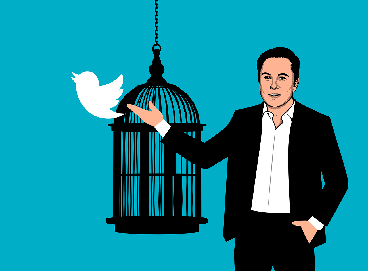 Musk mit Twitter vor geöffnetem Käfig