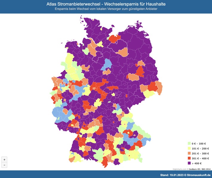 Deutschland-Karte mit den Preisunterschieden zwischen der Grundversorgung und dem günstigsten Anbieter außerhalb der Grundversorung.