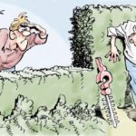 Karikatur: Nachbar hat heimlich Hecke gestutzt