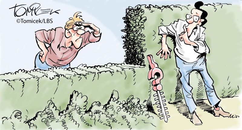 Karikatur: Nachbar hat heimlich Hecke gestutzt