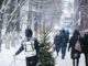 Weihnachtsbaum nach Hause tragen im Schnee
