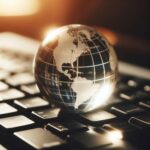 Gläserne Weltkugel auf Tastatur