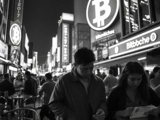 Belebte Strasse mit Bitcoin-Werbung