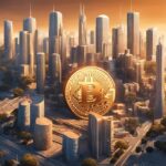Bitcoinmünze in Metropolenskyline
