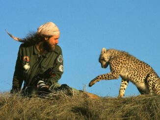 Matto Barfuss mit einem Geparden in Afrika