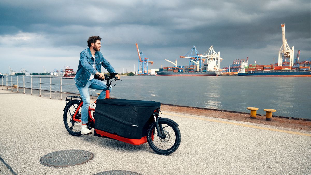 E-Bikes von Küstenrad sind der passende Begleiter im Alltag | Mann mit Lastenrad an der Elbe vor Hamburger Hafen
