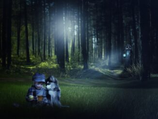Einsames Kind mit Hund im dunklen Wald