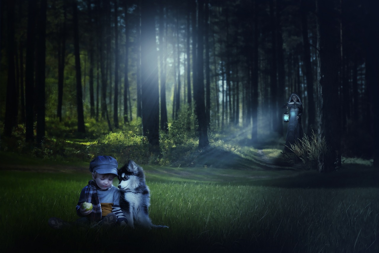 Einsames Kind mit Hund im dunklen Wald | Einsames Kind mit Hund im dunklen Wald