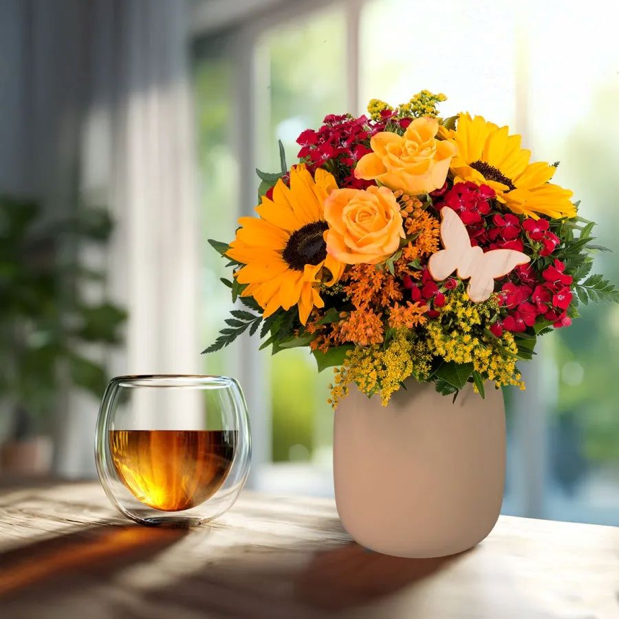 Blumenstrauss in Vase und ein Glas Tee | Blumenstrauss in Vase und ein Glas Tee
