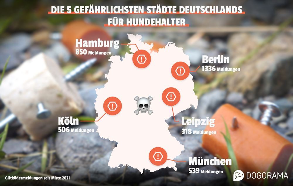 Karte von Deutschland mit den fünf gefährlichsten Städten für Hundehalter