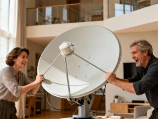Mann und Frau zerren an einer Satellitenempfangsanlage