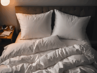 Doppelbett mit Nachttisch, zwei Kopfkissen und Bettzeug