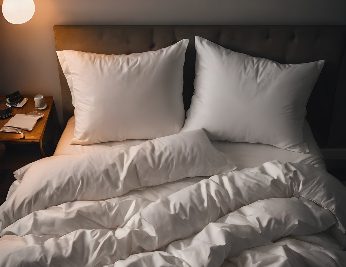 Doppelbett mit Nachttisch, zwei Kopfkissen und Bettzeug