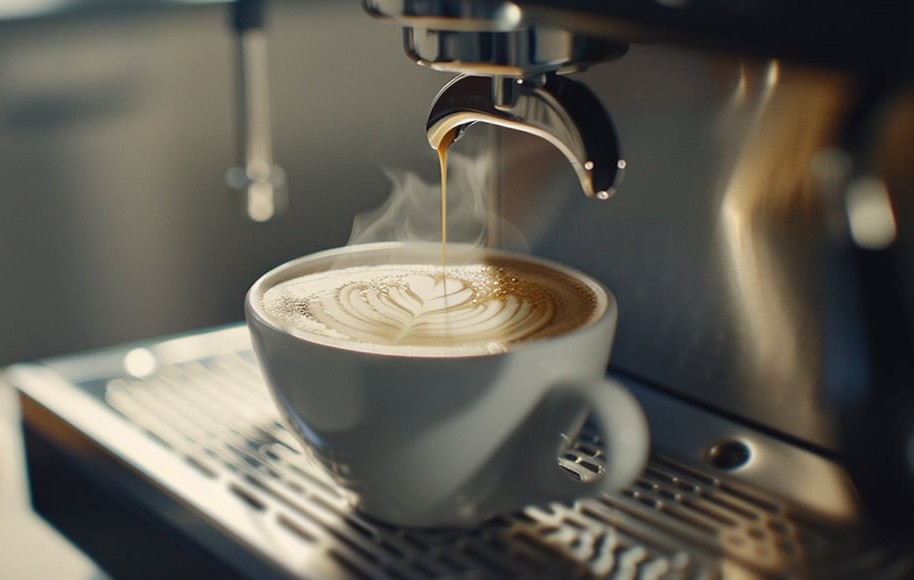 Kaffee läuft aus der Maschine in die Tasse