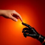 Menschliche und KI-Roboterhand kurz vor der Berührung