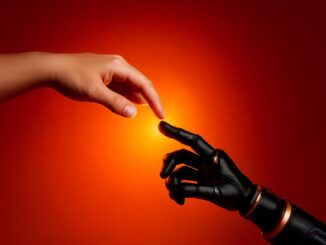 Menschliche und KI-Roboterhand kurz vor der Berührung