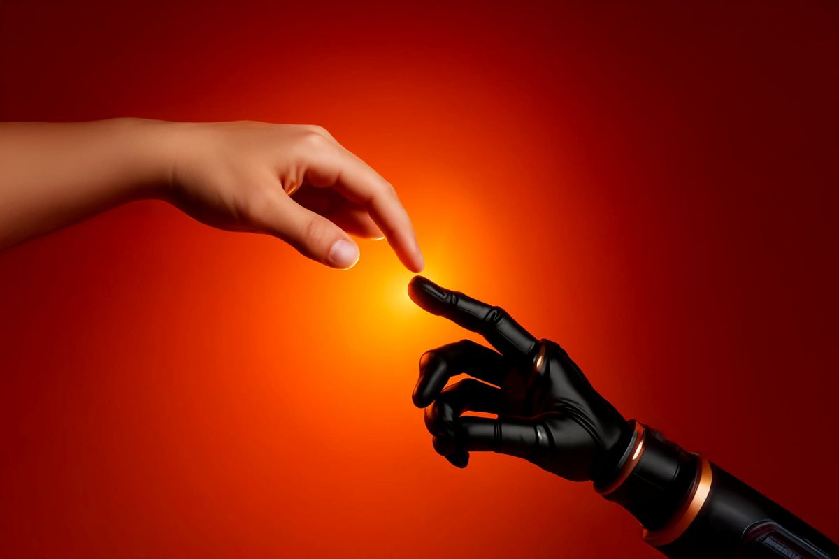 Menschliche und KI-Roboterhand kurz vor der Berührung