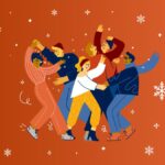 Tanzende Menschen auf orangem Hintergrund