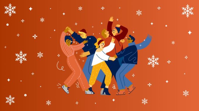 Tanzende Menschen auf orangem Hintergrund