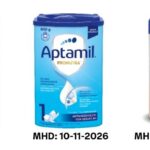 Aptamil Pronutra Pre, 1,2kg: MhD 19-11-2026; Aptamil Pronutra 1 DE, 800g: MhD 10-11-2026 und Aptamil Profutura Pre D, 800g: MhD 20-04-2027