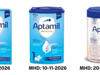 Aptamil Pronutra Pre, 1,2kg: MhD 19-11-2026; Aptamil Pronutra 1 DE, 800g: MhD 10-11-2026 und Aptamil Profutura Pre D, 800g: MhD 20-04-2027