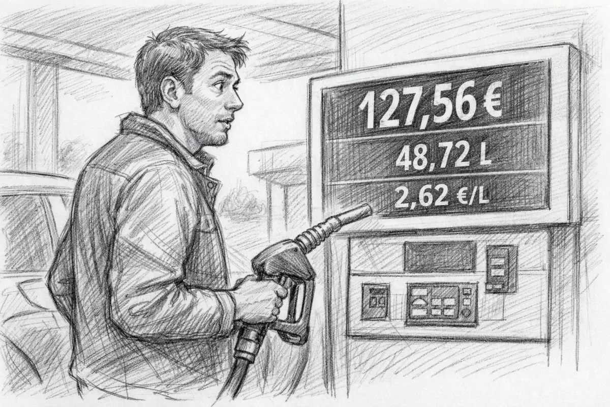 Mann an der Zapfsäule staunt über Preis