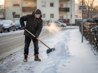Mann schiebt den Gehweg vom Schnee frei