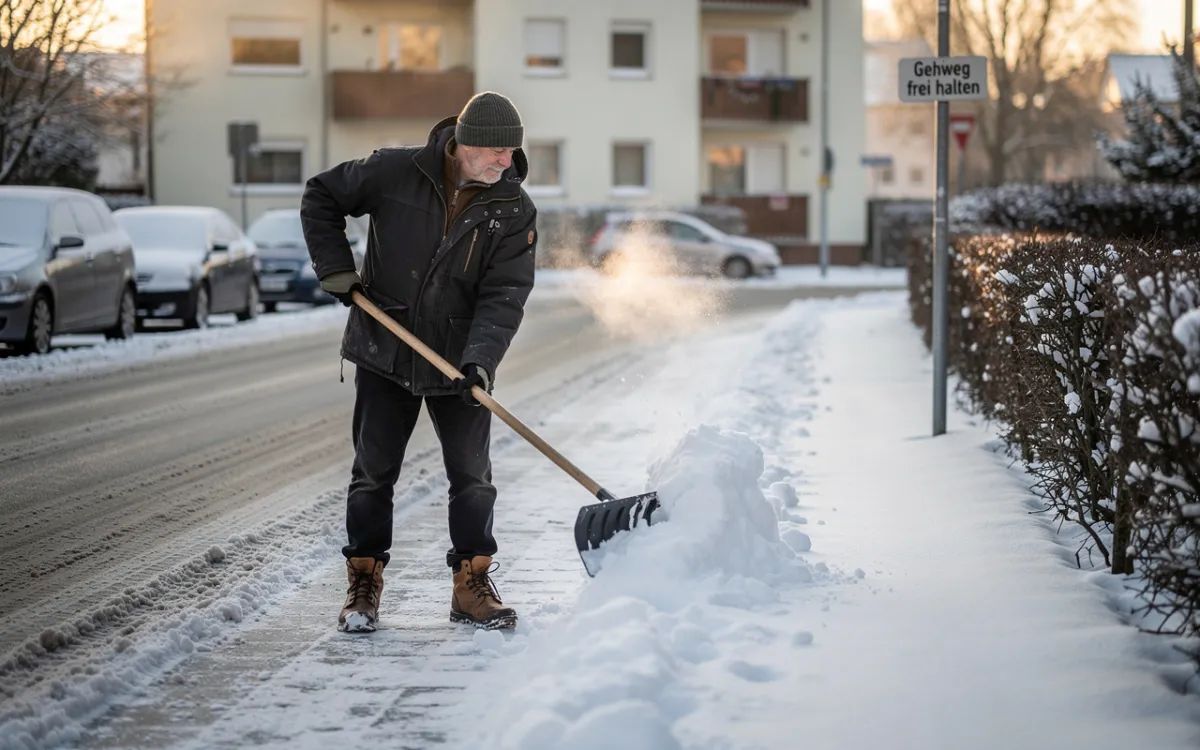 Mann schiebt den Gehweg vom Schnee frei