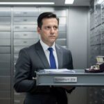 Mann vor geöffnetem Schliessfach im Schliessfachraum einer Bank