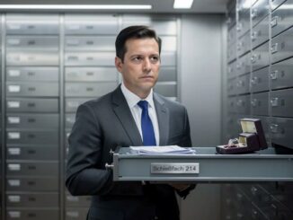 Mann vor geöffnetem Schliessfach im Schliessfachraum einer Bank