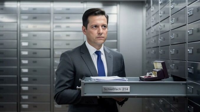 Mann vor geöffnetem Schliessfach im Schliessfachraum einer Bank