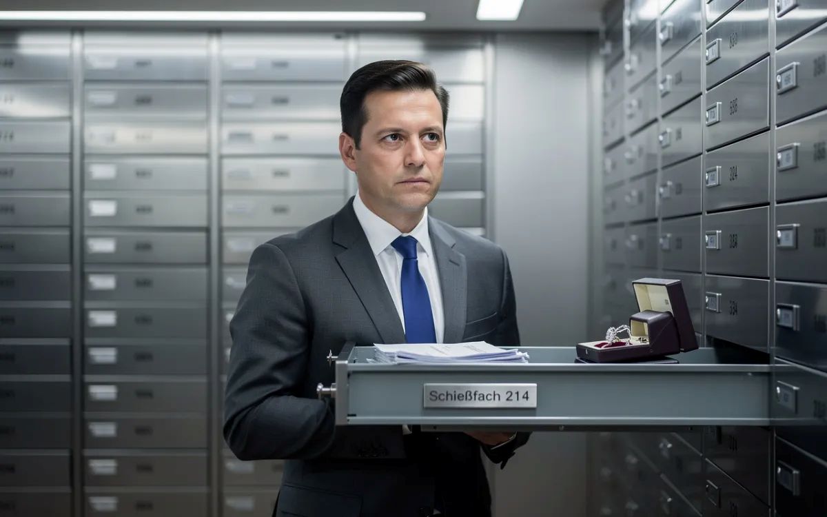 Mann vor geöffnetem Schliessfach im Schliessfachraum einer Bank