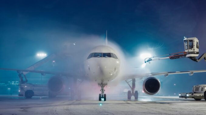 Flugzeug wird im Winterchaos enteist