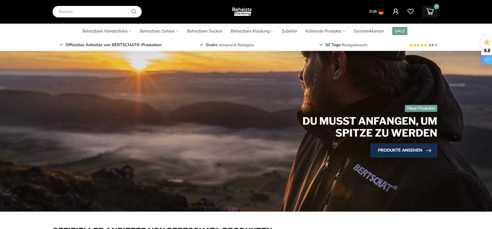 Screenshot Website Beheizbare Kleidung