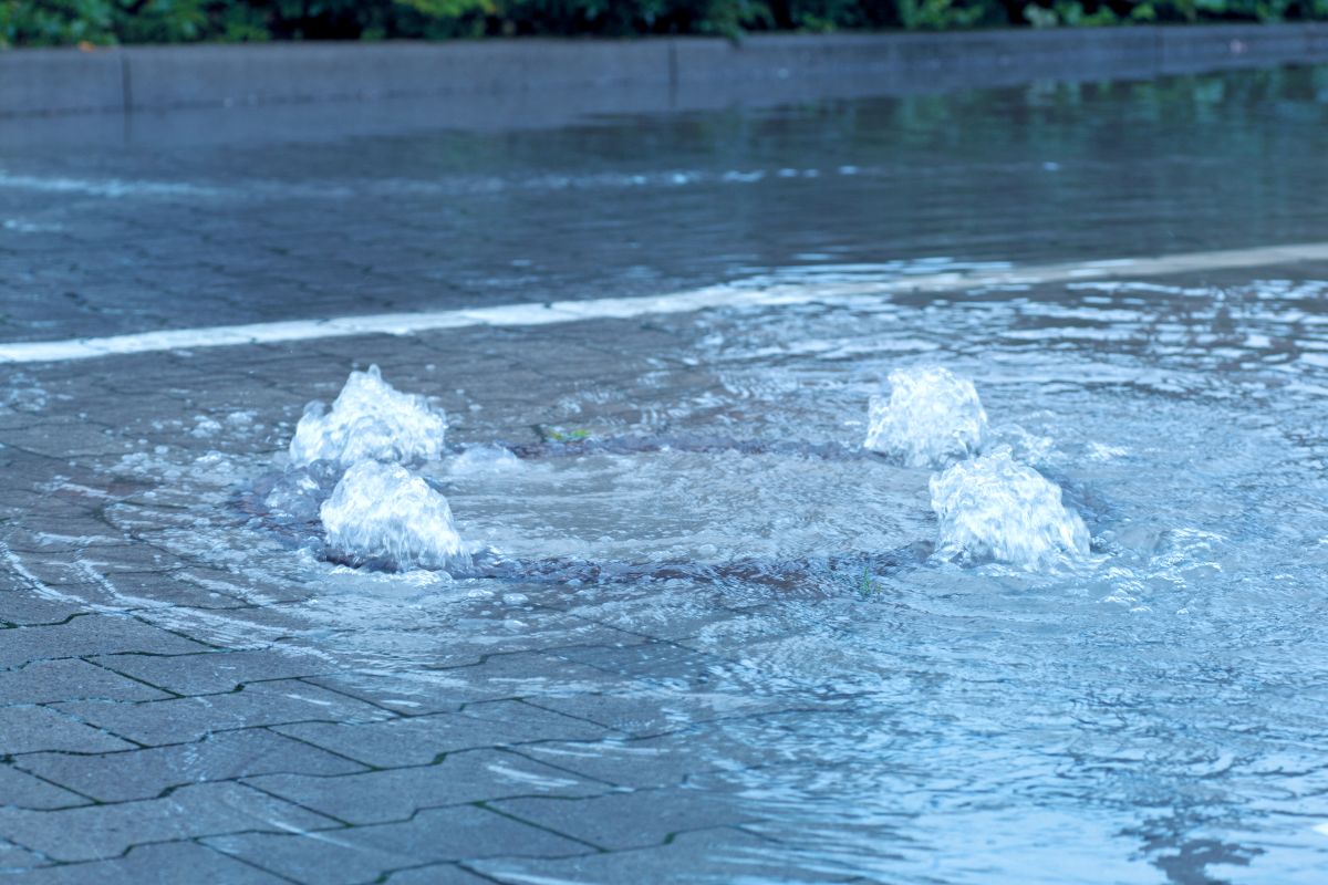 Wasser drückt durch den Kanaldeckel