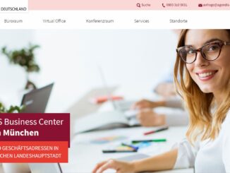 Smiling woman at a desk in a bright office with blurred colleagues in the background; banner reads 'AGENDIS Business Center in München'.