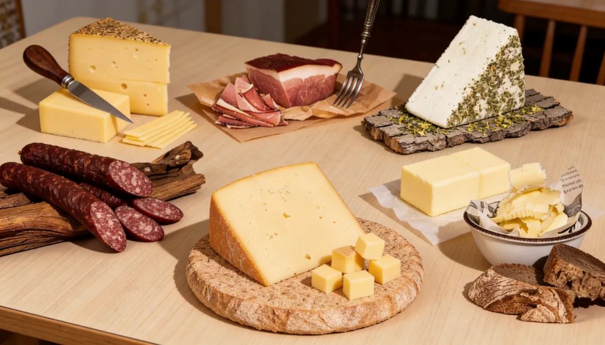 verschiedene Käse- und Wurstspezialitäten aufgeschnitten und präsentiert