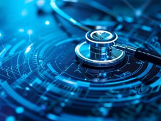 Stethoscope resting on a blue futuristic medical interface with circular data graphics and light effects