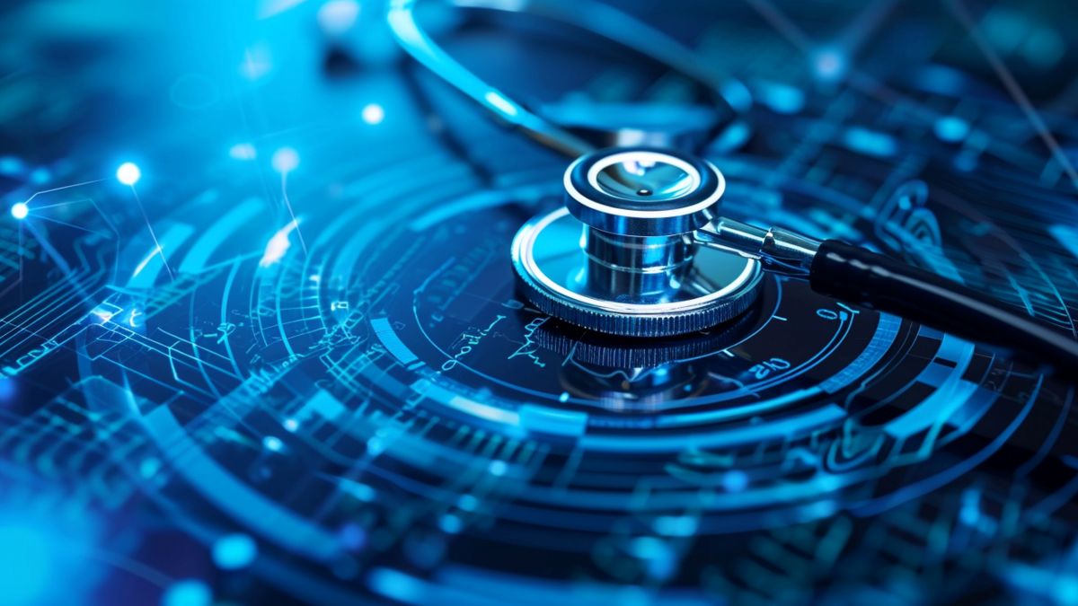 Stethoscope resting on a blue futuristic medical interface with circular data graphics and light effects