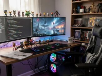 Computerpielplatz mit Spielen, Bildschirmen und Figuren