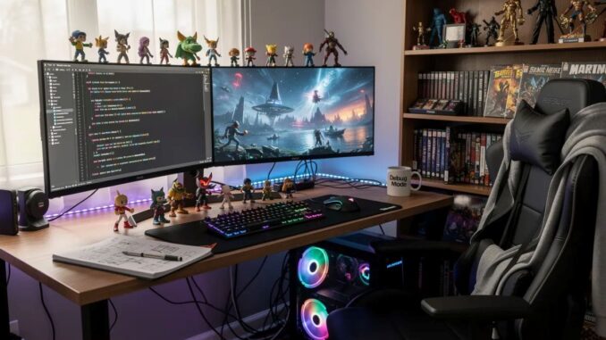 Computerpielplatz mit Spielen, Bildschirmen und Figuren