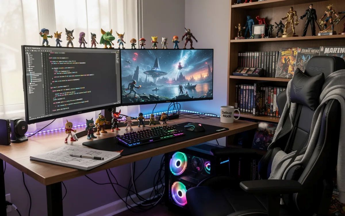 Computerpielplatz mit Spielen, Bildschirmen und Figuren